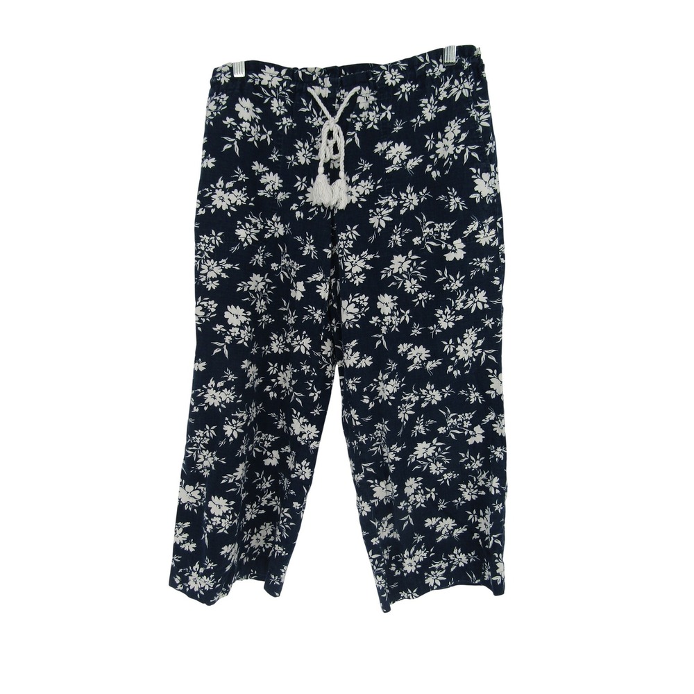 Lauren Ralph Lauren Crop Pants Womens M Navy Blue Floral Linen Blend Drawstring